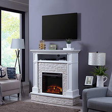 Load image into Gallery viewer, SEI Furniture Jacksdale Faux Stone Accent Electric Hidden Media Shelf Fireplace, White