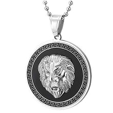 Load image into Gallery viewer, COOLSTEELANDBEYOND Men Steel Lion Head Circle Medal Pendant Necklace with CZ, Black Onyx, Greek Key, Silver Black