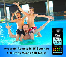 Load image into Gallery viewer, JNW Direct Pool and Spa Test Strips - Quick and Accurate Pool Test Strips - 7-1 Pool Test Kit - 100 Bromine, pH, Hardness and Chlorine Test Strips - with Ebook and App - 100 Water Test Strips