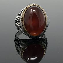 Load image into Gallery viewer, KAR 925K Stamped Sterling Silver Filigree Red Agate (Aqeeq) Men's Ring I1J (10.5)