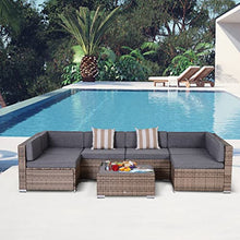 Load image into Gallery viewer, Outsunny 7-Piece Outdoor Rattan Sofa Set Wicker Patio Sectional Sets, Conversation Furniture Set with Cushions & Slat Plastic Wood Table, Grey