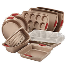 Load image into Gallery viewer, Rachael Ray 52410 Cucina Nonstick Bakeware Set with Baking Pans, Baking Sheets, Cookie Sheets, Cake Pan, Muffin Pan and Bread Pan - 10 Piece, Latte Brown with Cranberry Red Grip