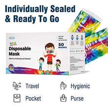 Load image into Gallery viewer, WeCare Individually Wrapped Kids Face Masks - 50 Pack - Soft on Skin - Disposable, 3 Ply - 5.7" x 3.7" Children's Size - 3 Layer Protectors with Elastic Earloops - Latex Free - Tie Dye
