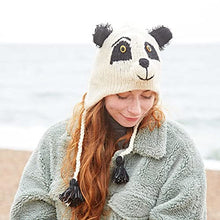 Load image into Gallery viewer, Hand Knitted Woolly Hat | Panda | Fun Wool Knit Fleece Lined Animal Hat for Men and Women | One Size Fits All | Wooly Winter Cap with Ear Warmers and Tassels
