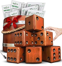 Load image into Gallery viewer, SWOOC Games - Yardzee, Farkle & 20+ Games - Giant Yard Dice Set (All Weather) with Wooden Bucket, 5 Big Laminated Score Cards, and Dry Erase Marker - Jumbo Backyard Lawn Games