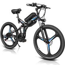 Load image into Gallery viewer, 26 Inch Electric Folding Mountain Bike,350W Professional 21 Speed Gears 3 Cycling Mode Folding Electric Ebike with Removable 36V 10AH Lithium Battery Commuter Bikes (Blue)