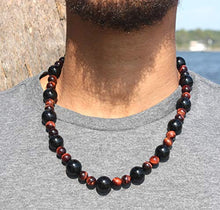 Load image into Gallery viewer, Auras by Osiris - Onyx And Red Tiger Eye Beaded Necklace For Men - World Class Durability & Magnetic Clasp - Good Luck - Confidence - Handmade in USA (Onyx & Red Tiger Eye)