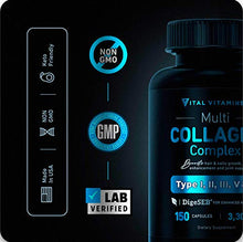Load image into Gallery viewer, Multi Collagen Pills (Types I,II,III,V,X) 150 Capsules 3300 mg Grass Fed Collagen Peptides Enhanced Absorption for Anti-Aging, Hair Growth & Nails, Healthy Joints & Skin, Hydrolyzed Protein Supplement
