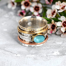 Load image into Gallery viewer, Boho-Magic 925 Sterling Silver Spinner Larimar Ring for Women with Copper and Brass Fidget Rings Bands (10)