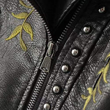 Load image into Gallery viewer, Ultramall Leather Jacket Women Casual Long Sleeve Embroidered Studded Zipper Slim Black Motorcycle Jacket Short Coat