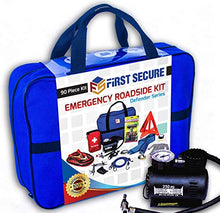 Load image into Gallery viewer, Car Emergency Safety Kit Bag with Portable Air Compressor, First Aid Kit, Heavy Duty Roadside Auto Emergency Kits Jumper Cables Tow Strap Tire Pressure Gauge, Headlamp, for Women, Men, Teen