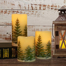 Load image into Gallery viewer, Rocinha Christmas Flameless Candles with Timer Battery Operated Flickering Candles Set of 3 Real Wax Christmas Pillar Candles with Christmas Tree Printing