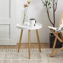Load image into Gallery viewer, HuiDao Round Side Table Wooden Tray Table with Metal Tripod Stand Nightstand Coffee Table End Table for Living Room Bedroom Office Small Spaces, 18" H x 15”D (White & Gold)