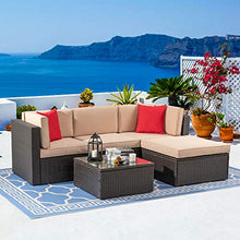 Load image into Gallery viewer, Vongrasig 5 Piece Patio Furniture Sets, All-Weather Brown PE Wicker Outdoor Couch Sectional Patio Set, Small Patio Conversation Set Garden Patio Sofa Set w/Ottoman, Glass Table, Red Pillow, Beige