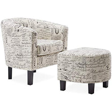 Load image into Gallery viewer, Belleze Accent Tub Chair Curved Back French Print Script Linen Fabric w/ Ottoman Modern Stylish Round Armrest, Beige