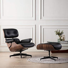 Load image into Gallery viewer, Genuine Leather Lounge Chair with Ottoman, Mid Century Recliner Replica with 8-Layer Solid Wood and Heavy Duty Aluminum Base for Living Room Study Lounge Office (Walnut Wood + Black)