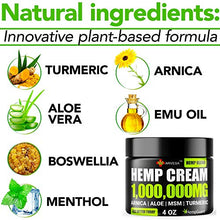 Load image into Gallery viewer, Natural Hemp Cream - 1,000,000 - Made in USA - Relieves Inflammation Muscle, Muscle, Joint, Back, Knee- High Strength Hemp Oil Extract with MSM - Arnica - Turmeric - 4 fl. Oz