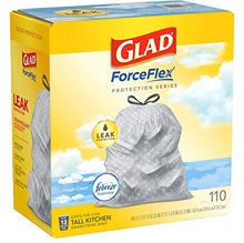 Load image into Gallery viewer, Glad ForceFlex Tall Kitchen Drawstring Trash Bags – 13 Gallon Trash Bag, Fresh Clean scent with Febreze Freshness – 110 Count (Package May Vary)