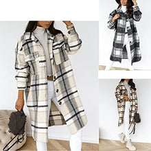 Load image into Gallery viewer, Omoone Women's Classic Woolen Button Down Plaid Long Coat Tartan Shacket Jacket with Pockets(1940-Grey-XXL)