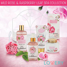 Load image into Gallery viewer, Home Spa Gift Basket - Wild Rose & Raspberry Leaf Scent - Luxurious 7 Piece Bath & Body Set For Men/Women, Contains Shower Gel, Body Lotion, Body Scrub, Bath Salt, Body Mist, Bath Puff & Shower Caddy
