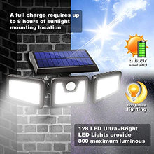 Load image into Gallery viewer, Bundle - 2 Pack Black LED Solar Motion Sensor Lights & 2 Pack White LED Solar Motion Sensor Lights; 128 LED 800LM, 3 Adjustable Heads, 270° Wide Angle Illumination, IP65 Waterproof