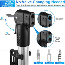 Load image into Gallery viewer, Mini Bike Pump Bicycle Tire Frame Pump 120 PSI High Pressure Portable Bicycle Air Pump Fits Presta & Schrader Floor Bike Tyre Pump for Road Mountain BMX Bikes Sports Balls,Inflatables Items(Silver)
