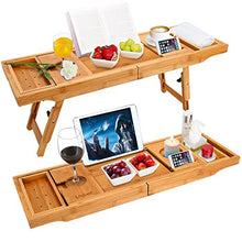 Load image into Gallery viewer, Hossejoy Bathtub Caddy Tray& Laptop Desk with Foldable Legs, 2 in 1 Wisdom Design – Luxurious Bathtub Caddy with Extending Sides, Tablet Holder, Reading Rack,Cellphone Tray and Wine Glass Holder