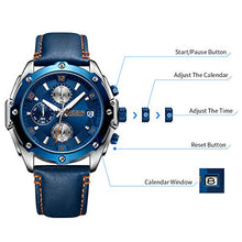 Load image into Gallery viewer, MEGIR Men Business Analogue Quartz Watch with Fashion Blue Leather Strap Chronograph Luminous Auto Calendar for Sport & Work 2074 Blue