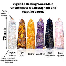 Load image into Gallery viewer, Healing Crystal Wand Set of 6 Orgonite – Includes 3” Amethyst Crystal, Tigers Eye, Rose Quartz, Black Tourmaline Stone, Citrine and Clear Quartz Orgone Crystal Plus Black Tourmaline Necklace