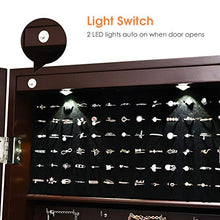 Load image into Gallery viewer, Giantex Wall/Door Mounted Jewelry Armoire Organizer with 2 LED Lights, Lockable Height Adjustable Jewelry Cabinet with Full Length Mirror, Large Capacity Dressing Makeup Jewelry Mirror Storage (Brown)