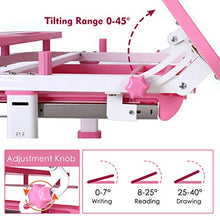 Load image into Gallery viewer, POTBY Kids Desk and Chair Set, Height Adjustable Children Study Table with Wood Tiltable Anti-Reflective Tabletop, Bookstand, Pull-Out Drawer Storage and Touch Led for School Students (Pink)
