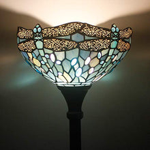 Load image into Gallery viewer, Tiffany Style Torchiere Light Floor Standing Lamp Wide 12 Tall 66 Inch Sea Blue Stained Glass Crystal Bead Dragonfly Lampshade for Living Room Bedroom Antique Table S147 WERFACTORY
