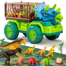 Load image into Gallery viewer, TEMI Dinosaur Truck Toy for Kids 3-5 Years, Triceratops Transport Car Carrier Truck with 8 Dino Figures, Activity Play Mat, Dino Eggs and Trees, Capture Jurassic Dinosaur Play Set for Boys and Girls
