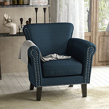 Load image into Gallery viewer, Christopher Knight Home Brice Vintage Scroll Arm Studded Fabric Club Chair, Navy Blue / Dark Brown