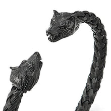 Load image into Gallery viewer, COOLSTEELANDBEYOND Mens Wolf Head Bracelet Steel Braided Cable Bangle Cuff Bracelet Black Polished, Adjustable