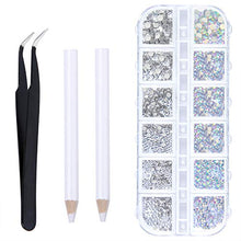 Load image into Gallery viewer, Elcoho 6 Sizes Crystals AB Nail Art Rhinestones and Clear Crystal Rhinestones with Pick Up Tweezer and Rhinestone Picker Dotting Pen, 1500 Pieces