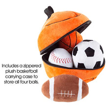 Load image into Gallery viewer, Hey! Play! My First Sports Bag Playset- Plush Soccer, Baseball, Basketball & Football for Babies, Infants & Toddlers- Gift Set with Storage Bag