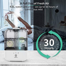 Load image into Gallery viewer, Mikikin Cool Mist Humidifier, Ultrasonic Air Humidifiers for Large Bedroom Babies Home, 4.5L Top Fill Personal Humidifiers with Adjustable Mist Mode, Lasts Up to 30 Hours, Ultra Quiet, Auto Shut-Off