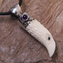 Load image into Gallery viewer, NOVICA Men's Amethyst and Sterling Silver Hand Carved Bone Pendant Necklace 'Brave Eagle', 17.75"