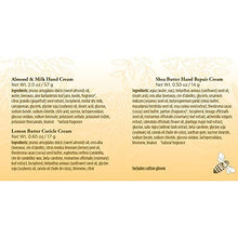 Load image into Gallery viewer, Burt’s Bees Valentine’s Gift Set, 3 Hand Repair Moisturizing Products for Men & Women - Almond Milk Cream, Lemon Butter Cuticle Cream, Shea Butter Cream, with Gloves