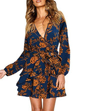 Load image into Gallery viewer, UGUEST Women Long Sleeve V Neck Dress Floral Mini Swing Party Wedding Dress with Belt Navy & Yellow Flowers XL