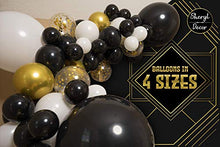 Load image into Gallery viewer, 4 Sizes – Black White Gold Balloon Garland Kit & Arch for New Years, Graduation or Birthday – Small and Large Black and White Balloons with Gold Confetti – Party Decorations for Gatsby Roaring 20s