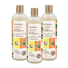 Load image into Gallery viewer, Curl Rehab Dry Hair/Damage Repair Treatment 2 in 1 Shampoo Conditioner (3 Pack), Enriched with Coconut Milk & Avocado, 16 Oz