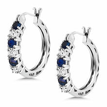 Load image into Gallery viewer, Gem Stone King 925 Sterling Silver Blue Sapphire and White Lab Grown Diamond Accent Women's Hoop Earrings (0.83 Cttw, 22MM = 0.85 Inches Diameter)