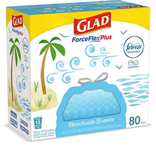 Load image into Gallery viewer, Glad ForceFlexPlus Tall Kitchen Drawstring Trash Bags - 13 Gallon Trash Bag, Febreze Beachside Breeze - 80 Count (Package May Vary)