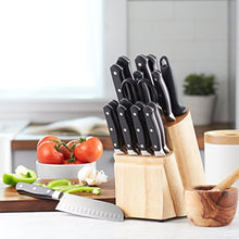 Load image into Gallery viewer, Amazon Basics 18-Piece Premium Kitchen Knife Block Set, High-Carbon Stainless Steel Blades with Pine Wood Knife Block