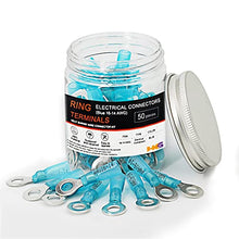 Load image into Gallery viewer, HKS 50 PCS Ring Terminals 1/4" Blue 16-14 AWG - M6 - Electrical Connectors - Heat Shrink Wire Connector Kit - Tinned Red Copper - Automotive Marine Ring Connectors - Waterproof and Insulated