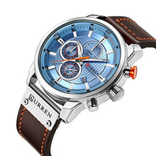 Load image into Gallery viewer, Men Leather Strap Military Watches Men's Chronograph Waterproof Sport Wrist Date Quartz Wristwatch Gifts (Silver Blue)