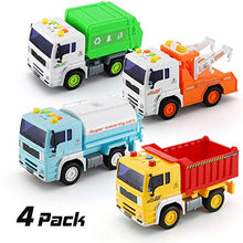 Load image into Gallery viewer, 4 Pack City Service Vehicle Car Truck Toy Set - Tow Truck,Dump Truck,Sprinkler,and Garbage Truck - with Friction Powered Wheels and Lights & Sounds