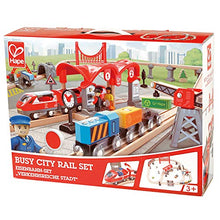 Load image into Gallery viewer, Hape Busy City Train Rail Set | Complete City Themed Wooden Rail Toy Set for Toddlers with Passenger Train, Freight Train, Station, Play Figurines, and More, Multicolor, Model:E3730
